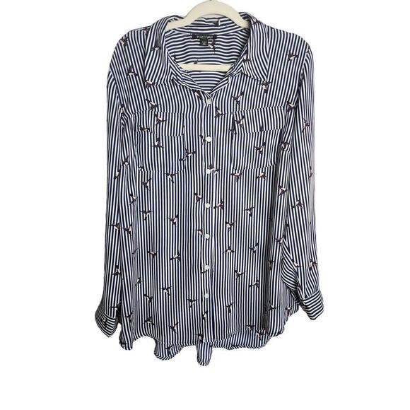 Roz & Ali Tops - Roz& and Ali all over navy Striped hummingbird novelty print blouse sz 2X career